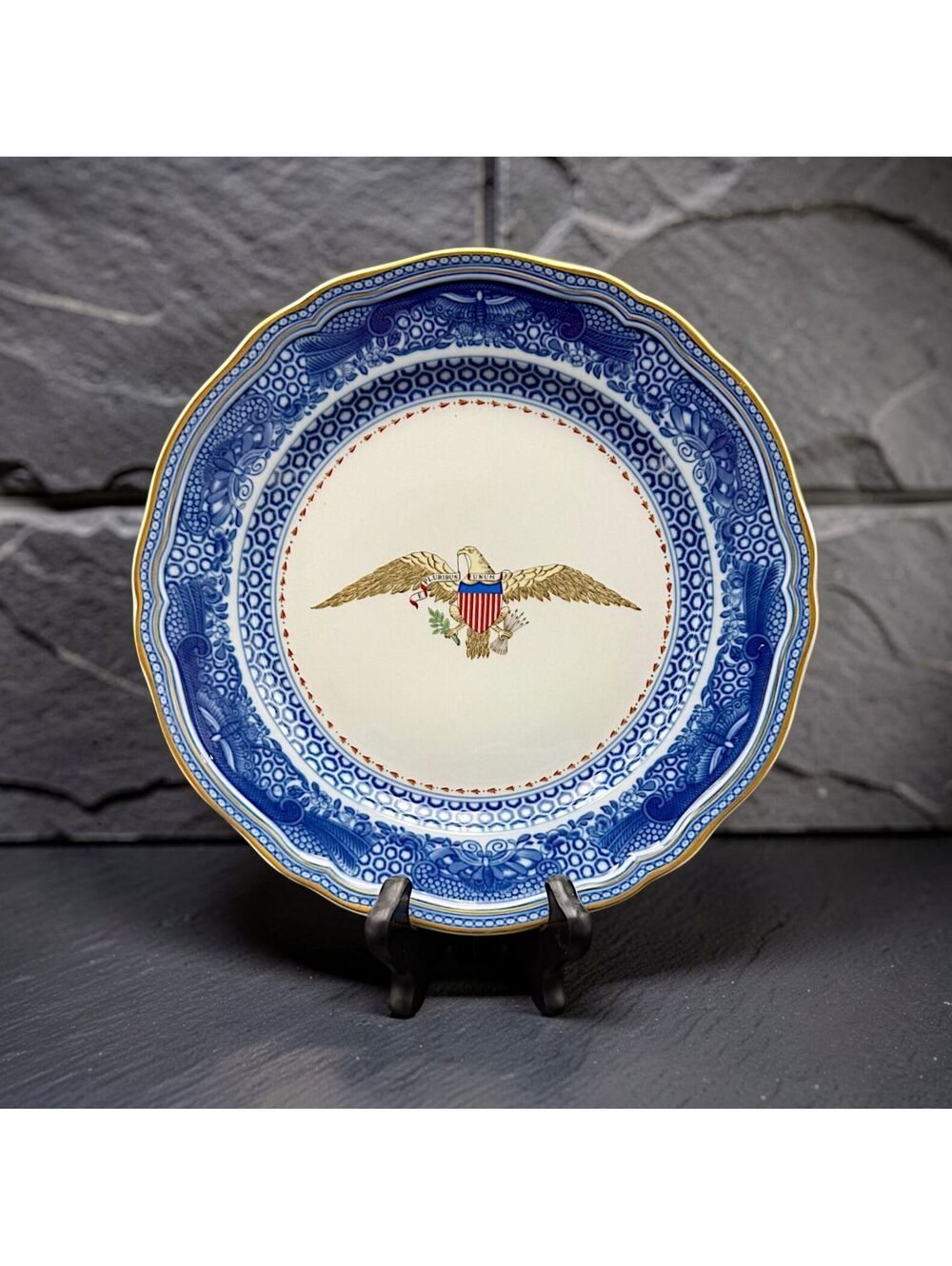Rare Vtg Mottahedeh Vista Alegre Diplomatic Eagle Plate Blue Fitzhugh Gold 9.25"